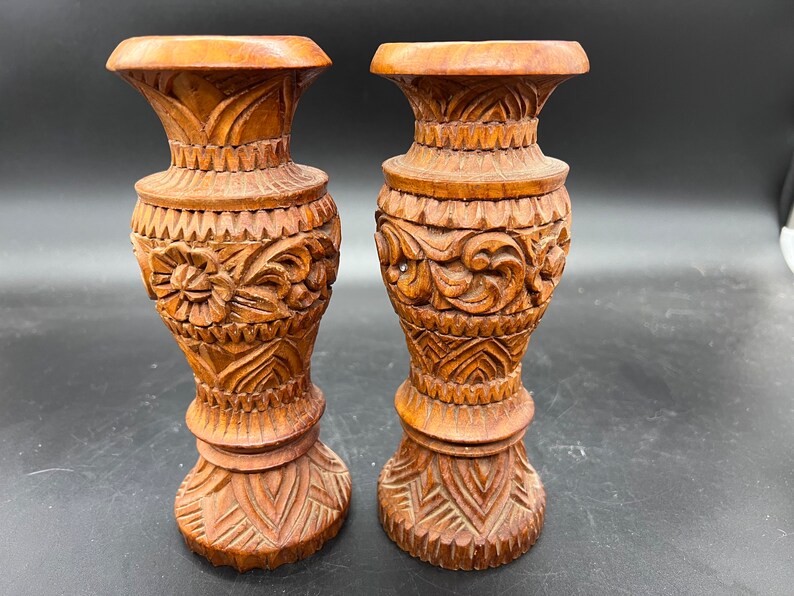 Large Carved Wooden Boho Bud Vase Candle Holders Pair Polynesian Tiki image 3