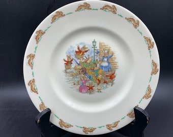 Royal Doulton Bunnykins “ Upset the Cart ” 8” Plate Fine China Rabbits Bunnies Easter Children’s Plate Vintage