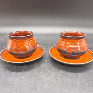 MCM Ditlev Denmark Set of 2 Cup and Saucer Danish Modern Mid Century Pottery Flame Red-Orange Drip Glaze Vintage Stoneware FREE SHIPPING image 3
