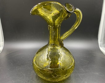 Art Glass Crackle Glass Pitcher Olive Green 9.5” Crimped Ruffled Spout