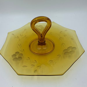 Elegant Depression Glass Tidbit Tray Amber Glass Etched Flowers Vintage image 2