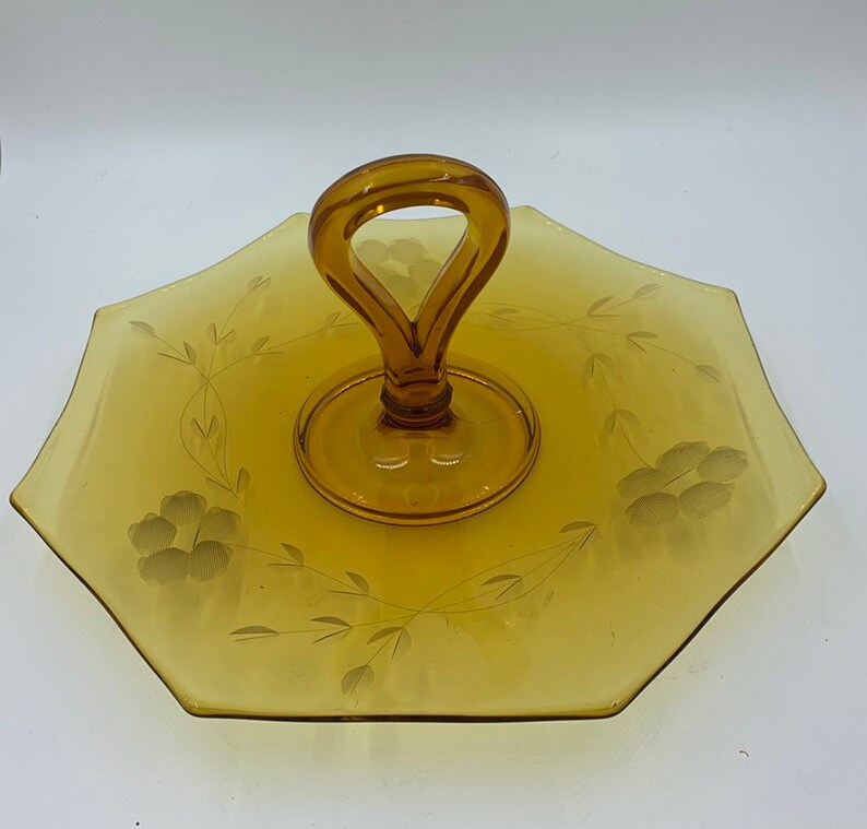 Elegant Depression Glass Tidbit Tray Amber Glass Etched Flowers Vintage image 2