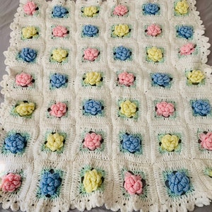 Baby Afghan Rosette Pattern White Pink Blue and Yellow Rosettes Super Soft image 1