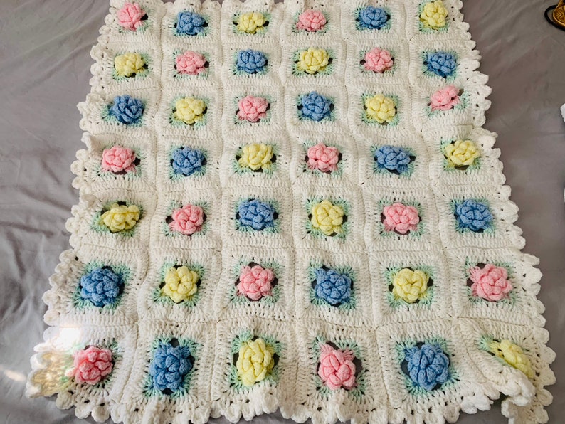 Baby Afghan Rosette Pattern White Pink Blue and Yellow Rosettes Super Soft image 1