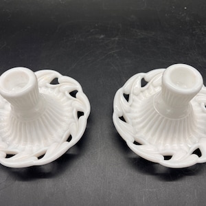 Fostoria Milk Glass Candlestick Holders Candle Holders Collectible Hearts Vintage Valentines Stars Set of 2 image 2