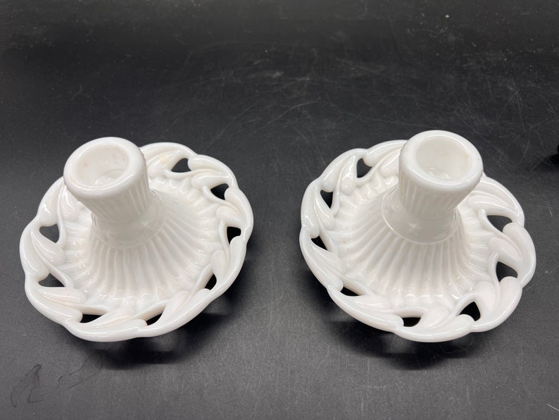 Fostoria Milk Glass Candlestick Holders Candle Holders Collectible Hearts Vintage Valentines Stars Set of 2 image 2