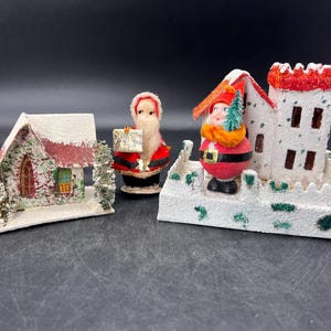 Christmas Putz Houses with Santas Vintage Japan Mid Century Set of 2 FREE SHIPPING