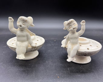 Holt Howard 1958 Angel Candle Holders Flower Frog Set of 2 Vintage As Is FREE SHIPPING