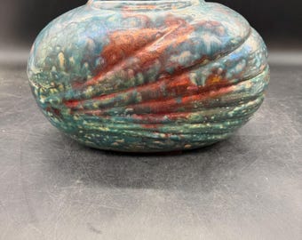 Art Deco Revival Raku Pottery Vase Deep Blue Bronze Black Metallics Oblong 6-1/4” Tall