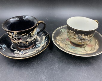 Dragon Ware Demitasse Cup and Saucer Black or Gray Vintage Choice