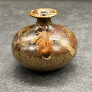 Roger Butler Southwest Native Clay Petite Art Pottery Vase w/ Feather Embellishment