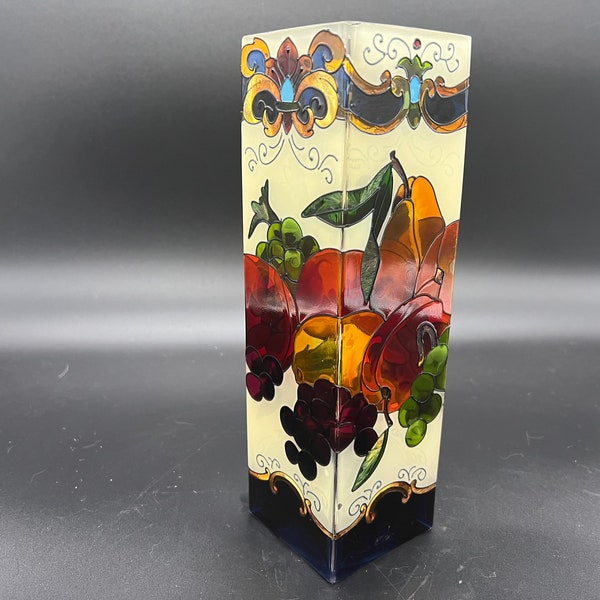 Joan Baker Designs Stained Glass Square Cylinder Vase Autumn Fruit Fall Colors