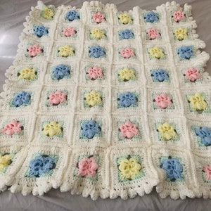 Baby Afghan Rosette Pattern White Pink Blue and Yellow Rosettes Super Soft image 4