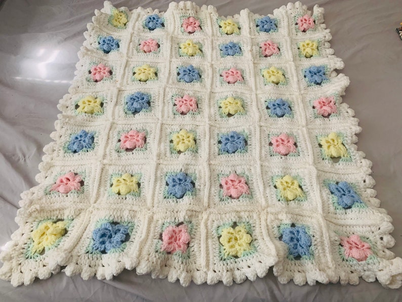 Baby Afghan Rosette Pattern White Pink Blue and Yellow Rosettes Super Soft image 4