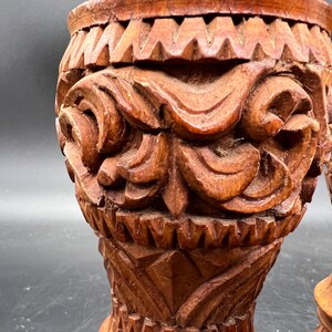 Large Carved Wooden Boho Bud Vase Candle Holders Pair Polynesian Tiki image 7