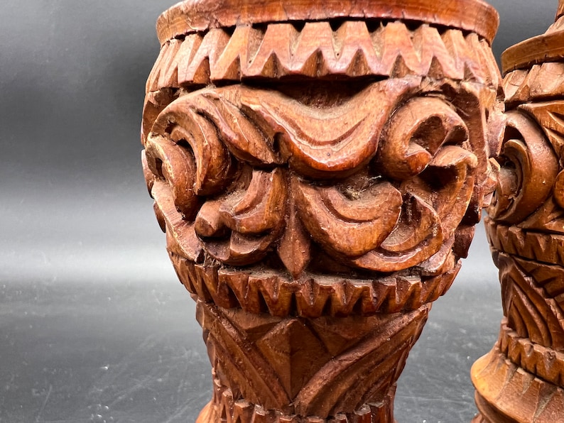 Large Carved Wooden Boho Bud Vase Candle Holders Pair Polynesian Tiki image 7