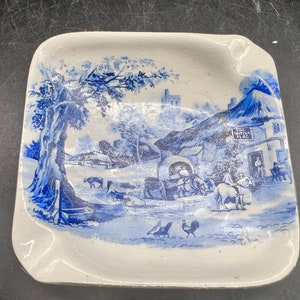 L & Sons Hanley English Ware Ashtray Blue and White Transferware Country Scene Trinket Dish Stoke on Trent England Antique image 2