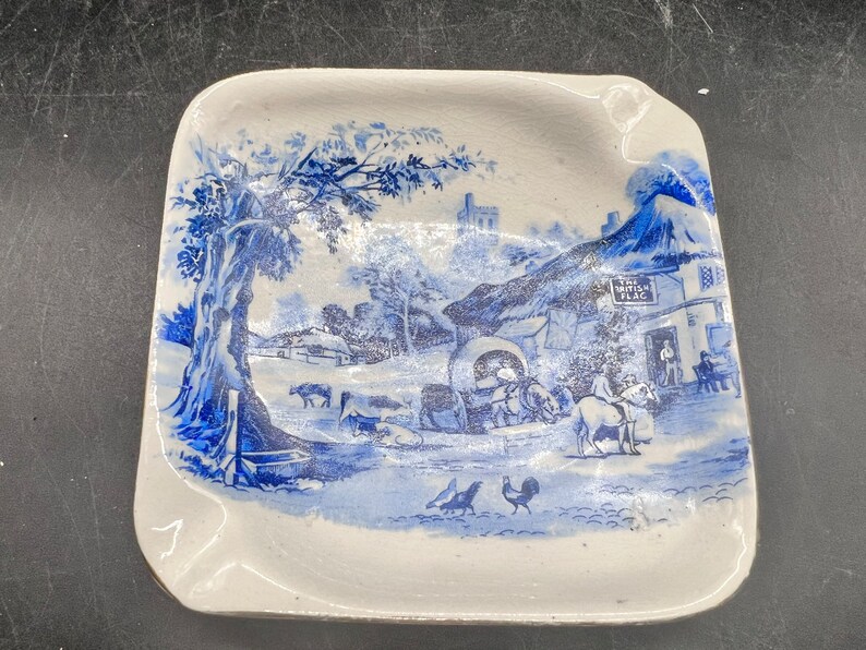 L & Sons Hanley English Ware Ashtray Blue and White Transferware Country Scene Trinket Dish Stoke on Trent England Antique image 2