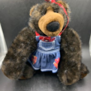 Build A Bear GRIZZLY BEAR Black Brown Plush Stuffed Animal With Outfit Denim Romper and Stand image 1