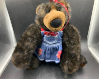 Build A Bear GRIZZLY BEAR Black Brown Plush Stuffed Animal With Outfit Denim Romper and Stand