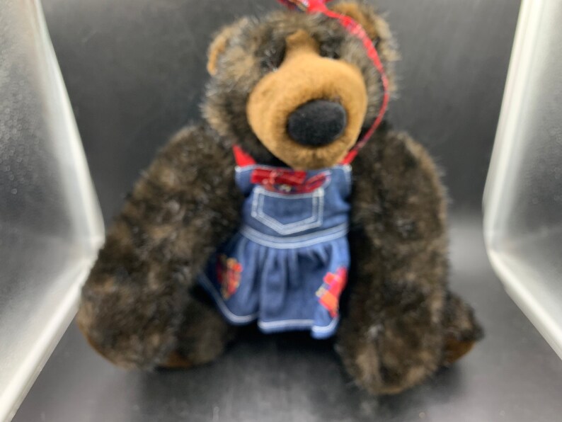 Build A Bear GRIZZLY BEAR Black Brown Plush Stuffed Animal With Outfit Denim Romper and Stand image 1