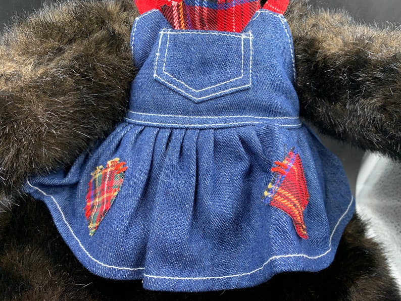 Build A Bear GRIZZLY BEAR Black Brown Plush Stuffed Animal With Outfit Denim Romper and Stand image 6