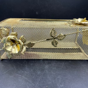 Gold Tissue Box Holder Hollywood Regency Cage Gold Roses Vintage FREE SHIPPING