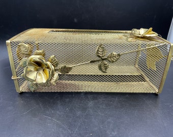 Gold Tissue Box Holder Hollywood Regency Cage Gold Roses Vintage