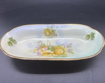 Erdmann Schlegelmilch ES Prussia 1811 Celery Dish Yellow Roses Hand Painted Antique Porcelain