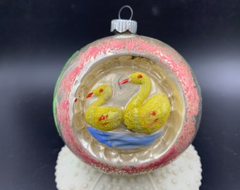 Indent Ornaments MCM Shiny Brite Caps Glass Indent Flocked Easter Christmas Glass Ducks Swans Set of 5