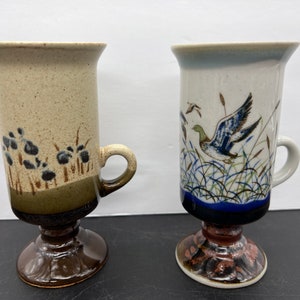 Otagiri Pedestal Mugs Irish Coffee Cups Stoneware Wetlands Flowers Set of 2 Vintage Japan FREE SHIPPING