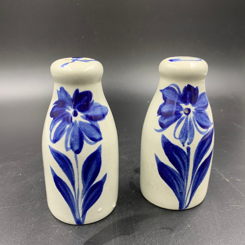 Pottery Salt and Pepper Handpainted Blue Floral Vintage image 1