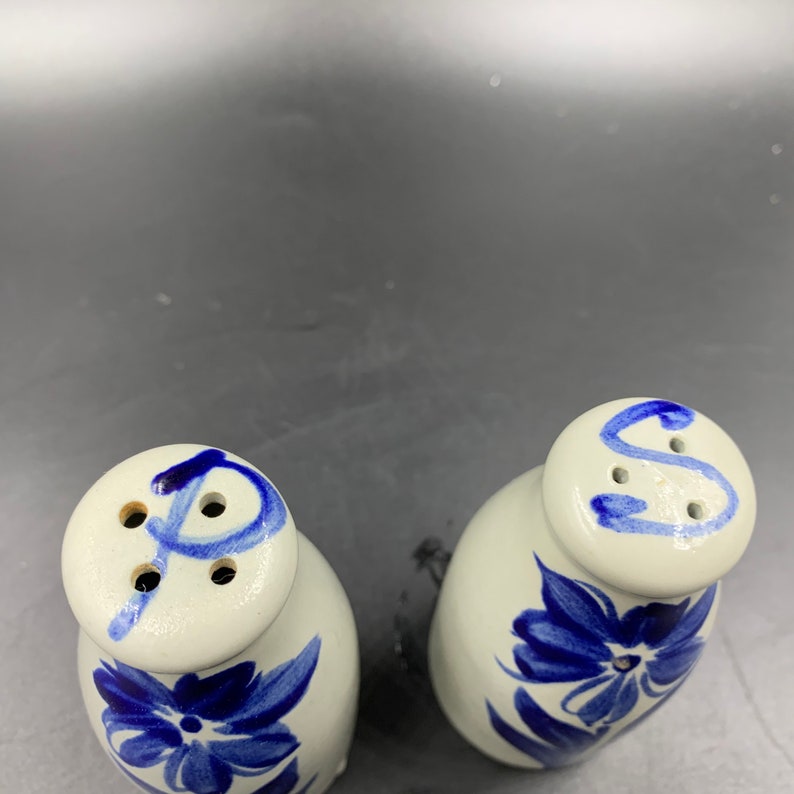 Pottery Salt and Pepper Handpainted Blue Floral Vintage image 2