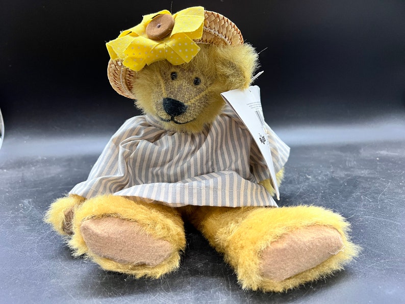 Russ Berrie Plush Judy Senk Bear April Ann Striped Dress Floppy Hat Vintage 1996 image 1