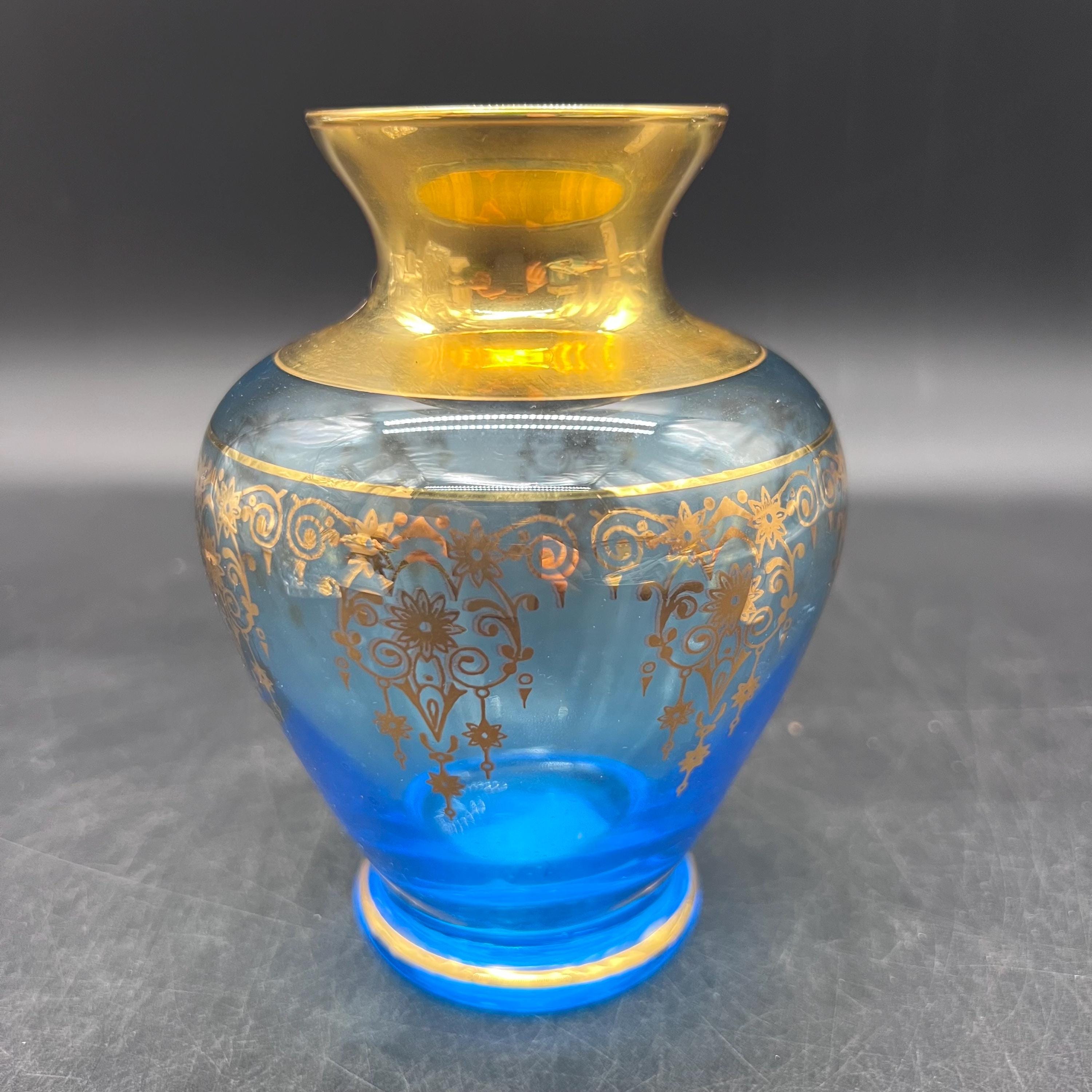 Azure Blue Art Glass Vase, 22K Gold Venetian Murano, 5.25