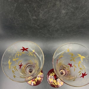 Champagne Flutes Hand-painted Golden Leaves Burgundy Red Flowers Toasting Wedding Reception Bride Groom image 6