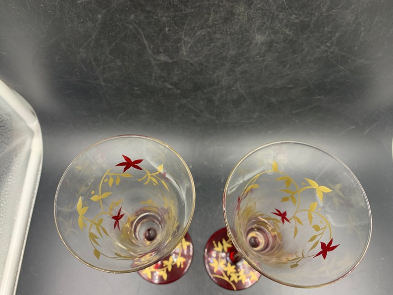 Champagne Flutes Hand-painted Golden Leaves Burgundy Red Flowers Toasting Wedding Reception Bride Groom image 6