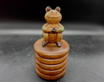 Turned Wood Round Box Covered Frog Finial Storage Jar Container