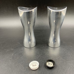 Nambe Studio 6088 Salt and Pepper Shakers 1995 Mid Century Modern Design Sleek Silver Chrome FREE SHIPPING