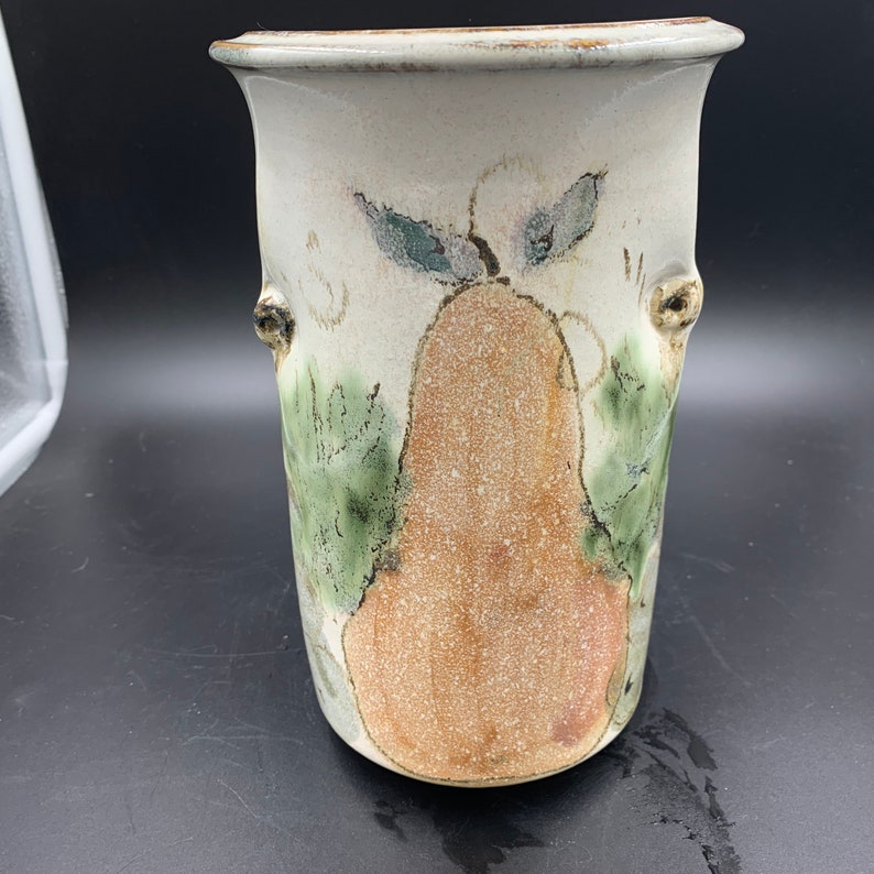 Mary Claussen Pottery Vase Utensil Holder Pears Grapes Fruit Motif Signed Vintage l image 3