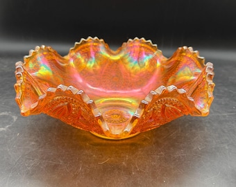 Imperial Glass Marigold Carnival Glass Bowl EAPG Long Hobstar 10” Sawtooth Ruffled Edge