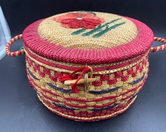 Sewing Basket Embroidered Flower 9” Straw Raffia People’s Republic of China Pink Red Navy FREE SHIPPING