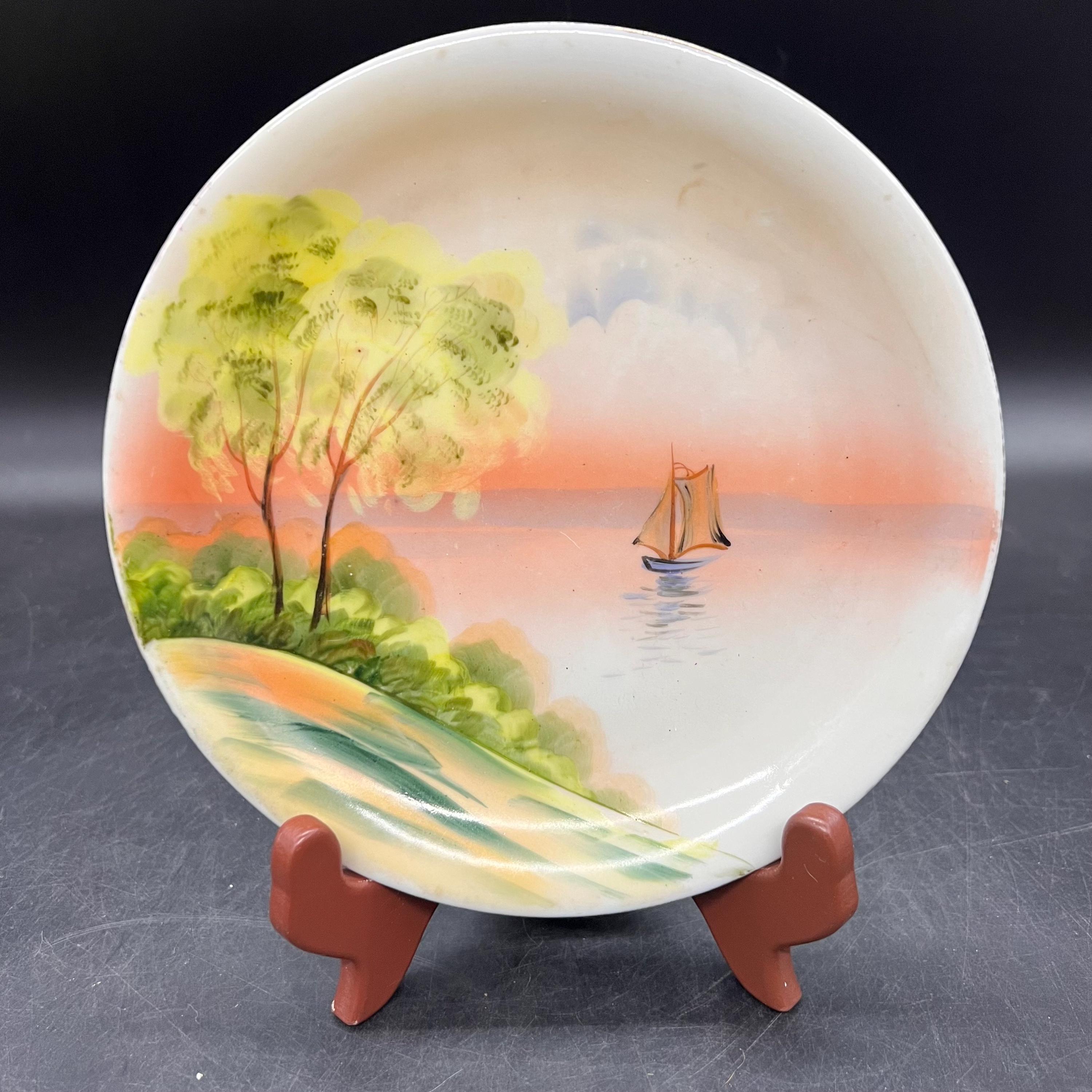 明治期里帰りノリタケM-JAPAN印 HANDPAINTED 湖夕焼け風景花瓶 明治期