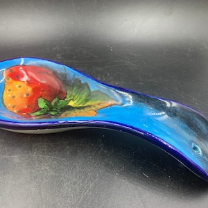 Italian Strawberry Spoon Rest Majolica Made in Italy Blue Red FREE SHIPPING