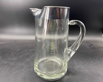 Mid Century Modern Dorothy Thorpe Crystal Water Pitcher Silver Rim Vintage 1950s