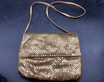 Golden Metal Mesh Evening Bag with Gold Synthetic Leather Shoulder Strap Vintage Hong Kong Free Shipping