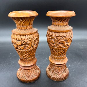 Large Carved Wooden Boho Bud Vase Candle Holders Pair Polynesian Tiki image 4