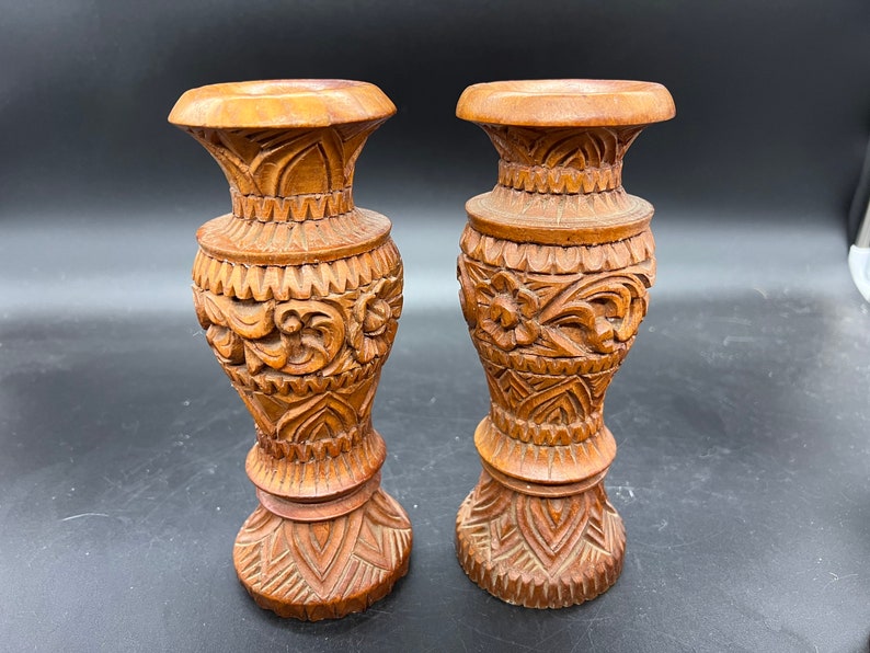 Large Carved Wooden Boho Bud Vase Candle Holders Pair Polynesian Tiki image 4