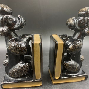 Black French Poodle Redware Bookends Vintage 1950s 1960s image 1