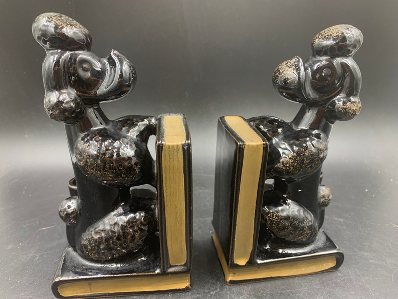 Black French Poodle Redware Bookends Vintage 1950s 1960s image 1